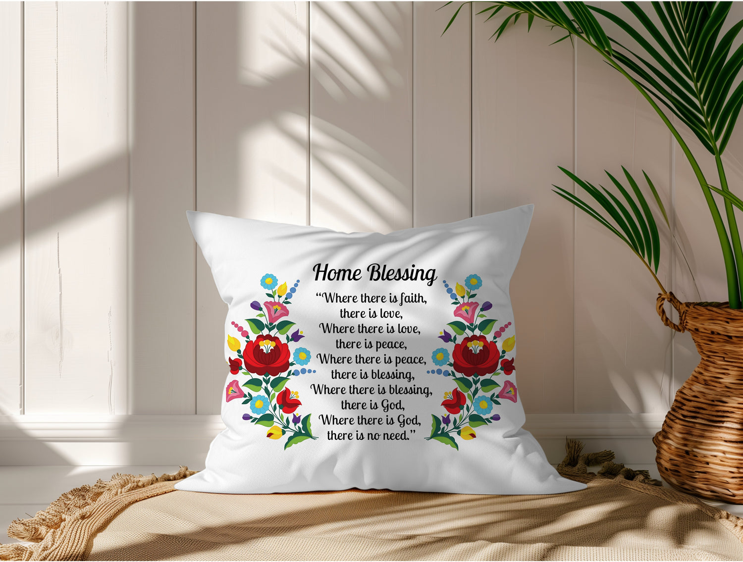Traditional Hungarian Home Blessing pillow cover with floral embroidery motifs in a modern home setting.